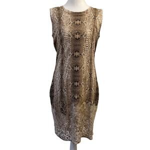 Magaschoni Snakeskin Print Knit Sweater Dress Small Silk Cashmere Sheath Beige